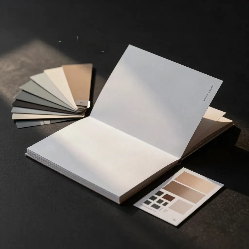 Starter brand guide booklet with swatch fan and rule cards on a dark studio surface.