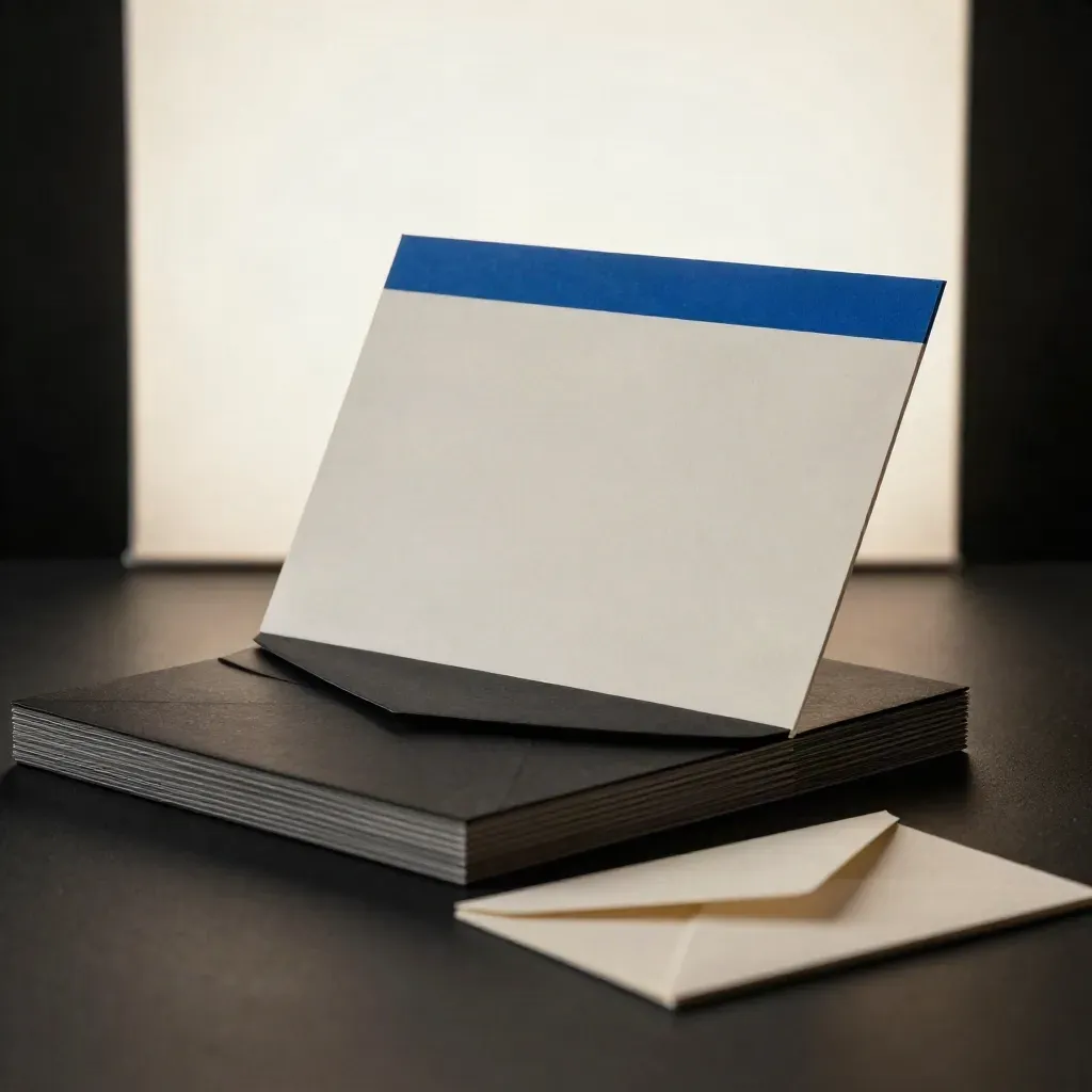 Low-angle email header kit with banner proof board, cards and sleeve on matte black