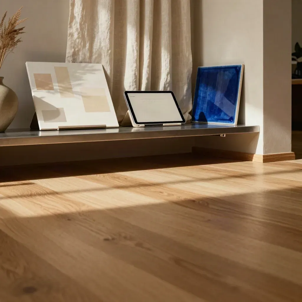 Oak studio corner with curtains, shelf, ceramic vessel, tablet and calm copy space